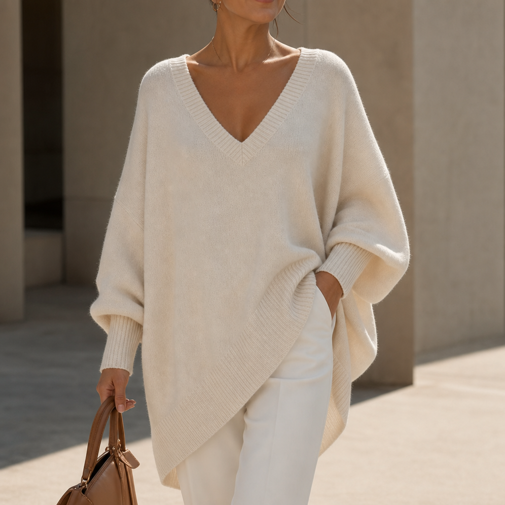 Autumna Oversized V-Neck Puff Sleeve Sweater - Elena Harper