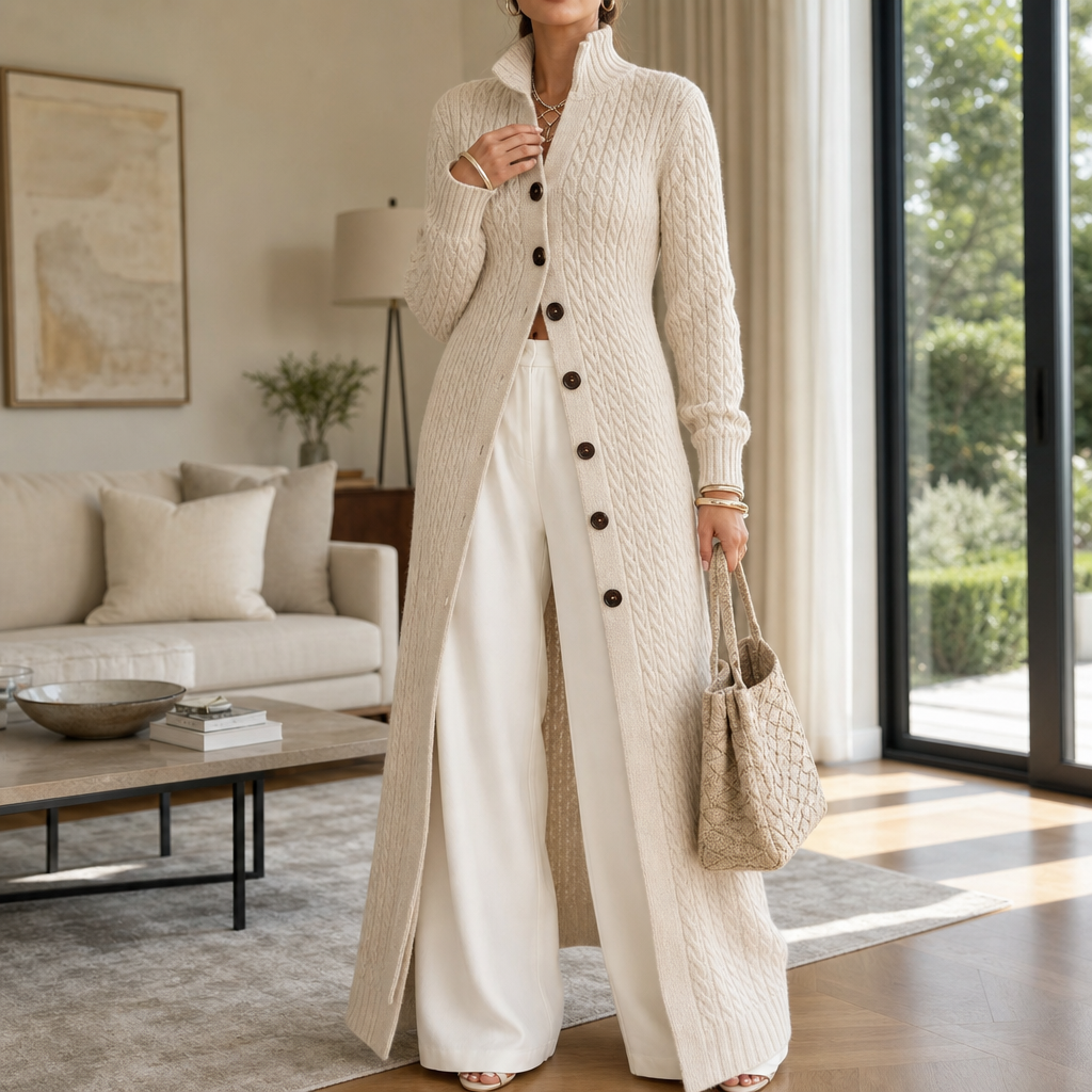Cablewick Vertical Cable-Knit Open-Front Duster Cardigan - Elena Harper