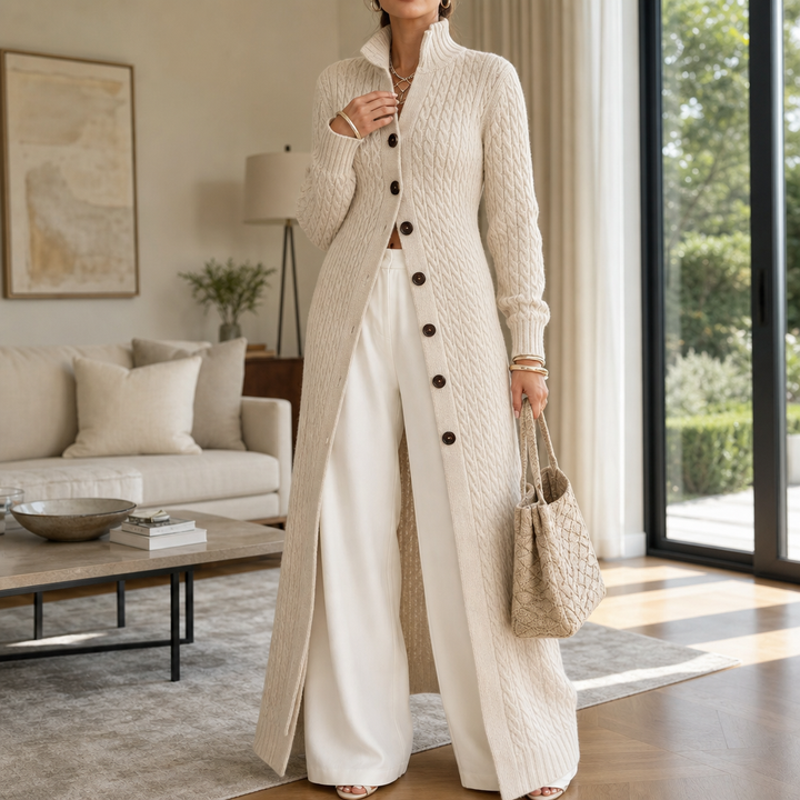 Cablewick Vertical Cable-Knit Open-Front Duster Cardigan - Elena Harper