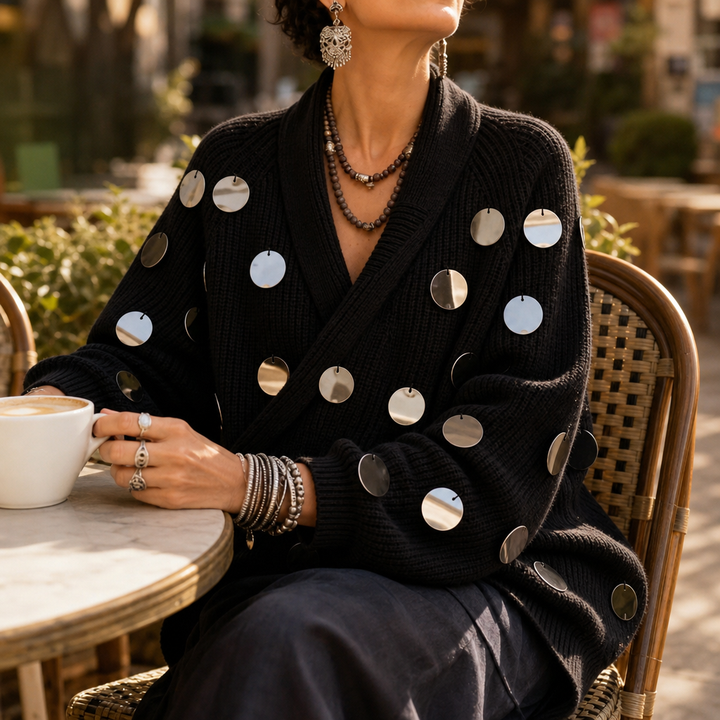 Diskelle – Metallic Disk Wrap Cardigan