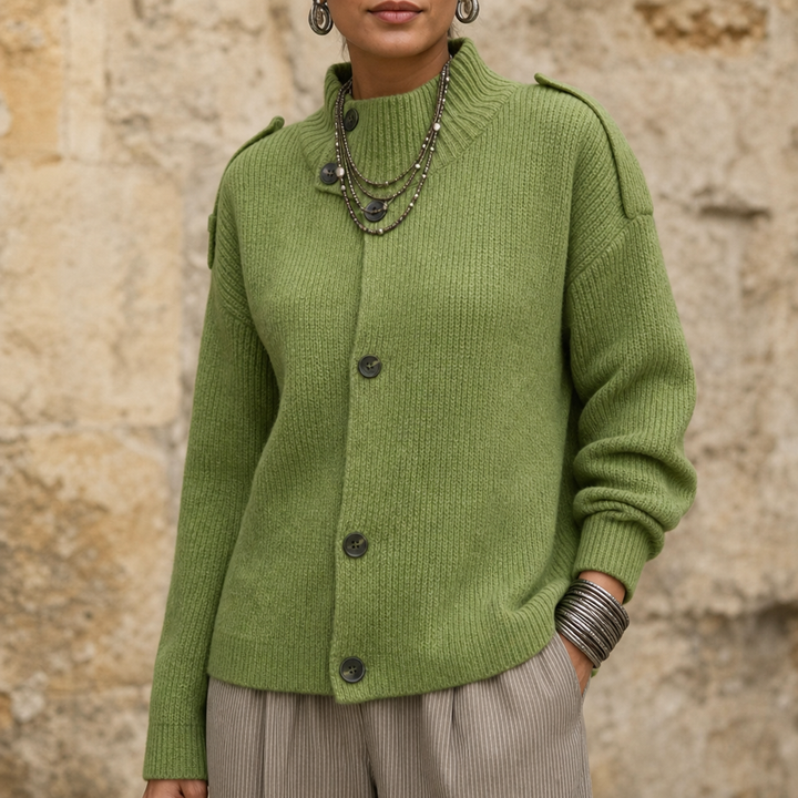 Diavelle Diagonal Button High-Collar Knit Cardigan - Elena Harper