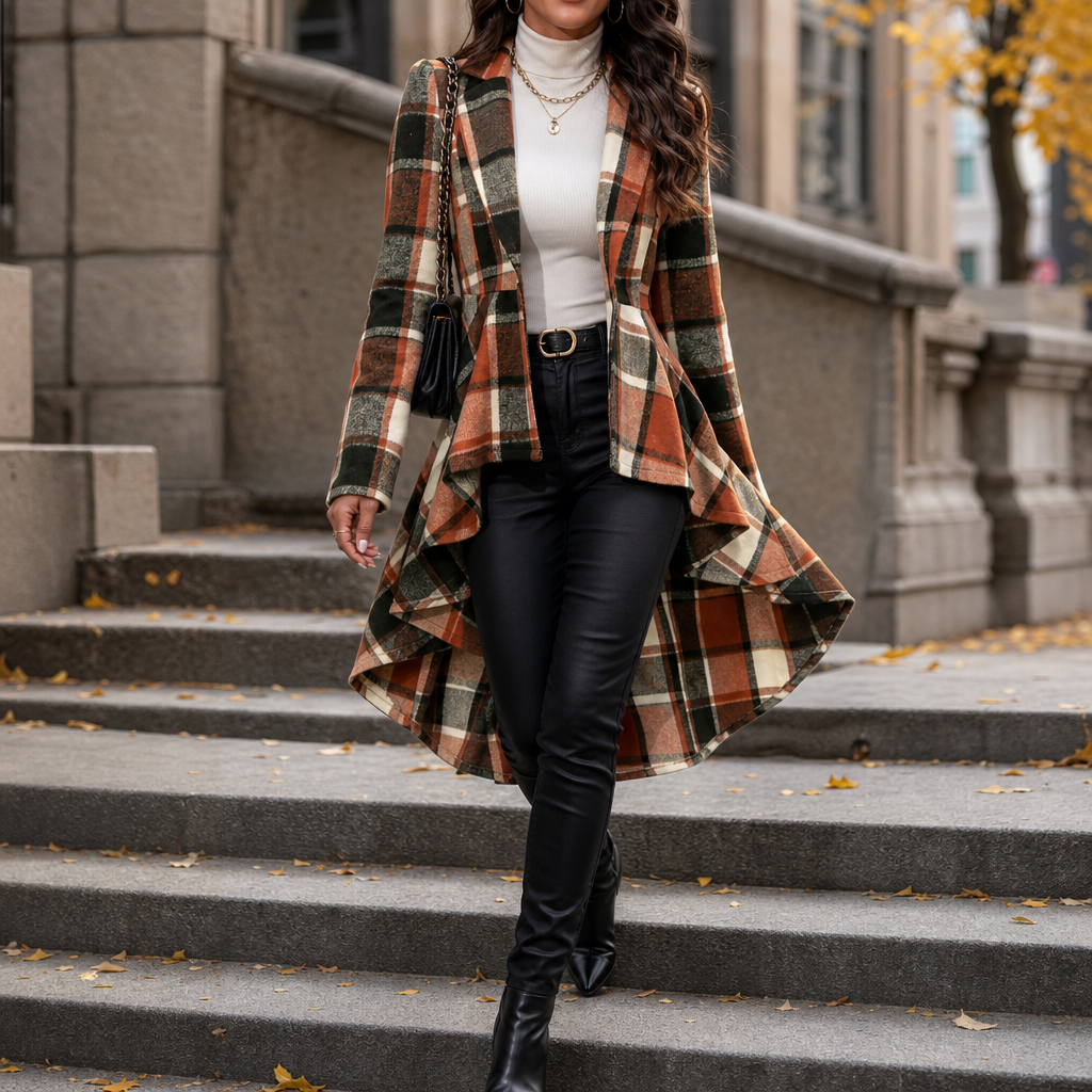 Cinchella Plaid High-Low Peplum Waist Coat - Elena Harper