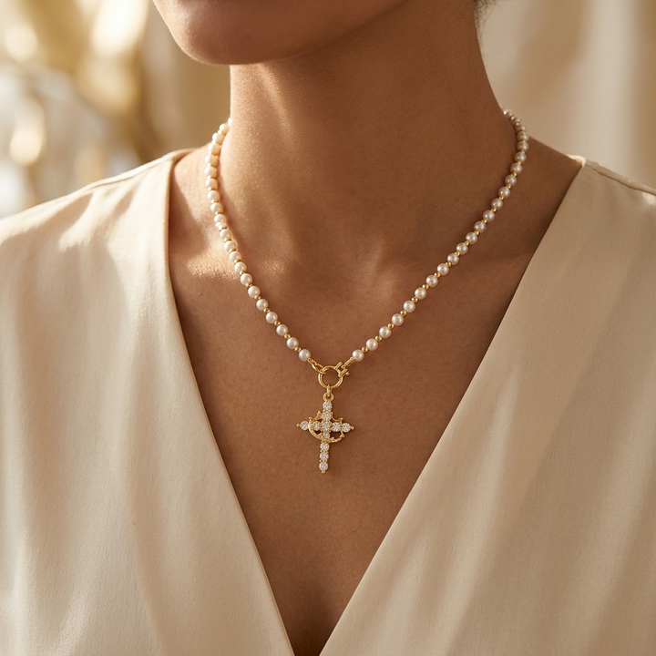 Crownara Crown Cross Pearl Bead Necklace - Elena Harper