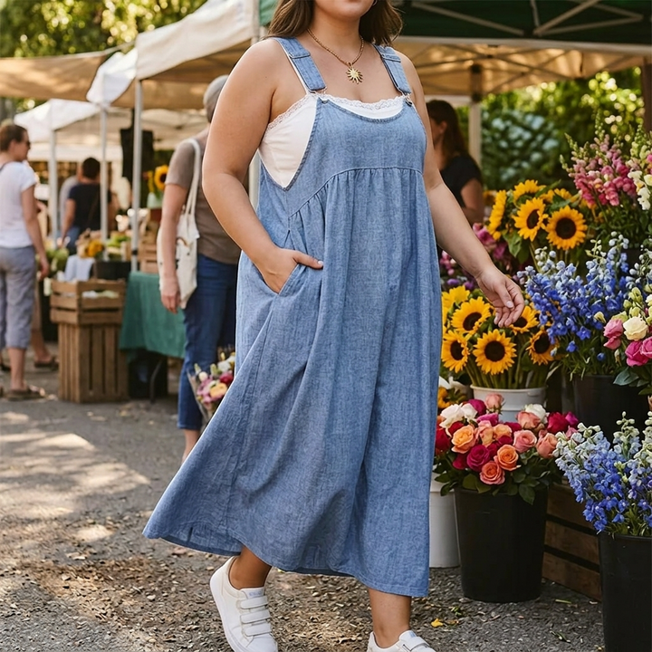 Dalena Women's Relaxed Denim Suspender Dress with Pockets - Elena Harper