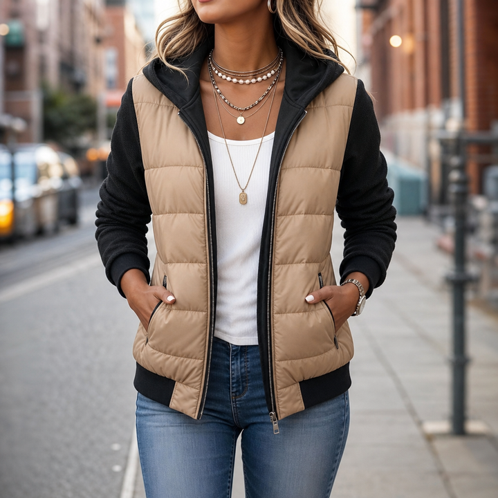 Coeza Mixed-Media Quilted Puffer Knit-Sleeve Jacket - Elena Harper