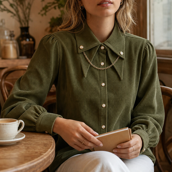 Corduvia Studded Collar Corduroy-Look Shirt With Detachable Chain - Elena Harper