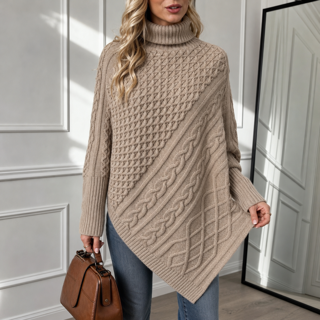 Cablelle Asymmetric Cable-Knit Turtleneck Poncho - Elena Harper