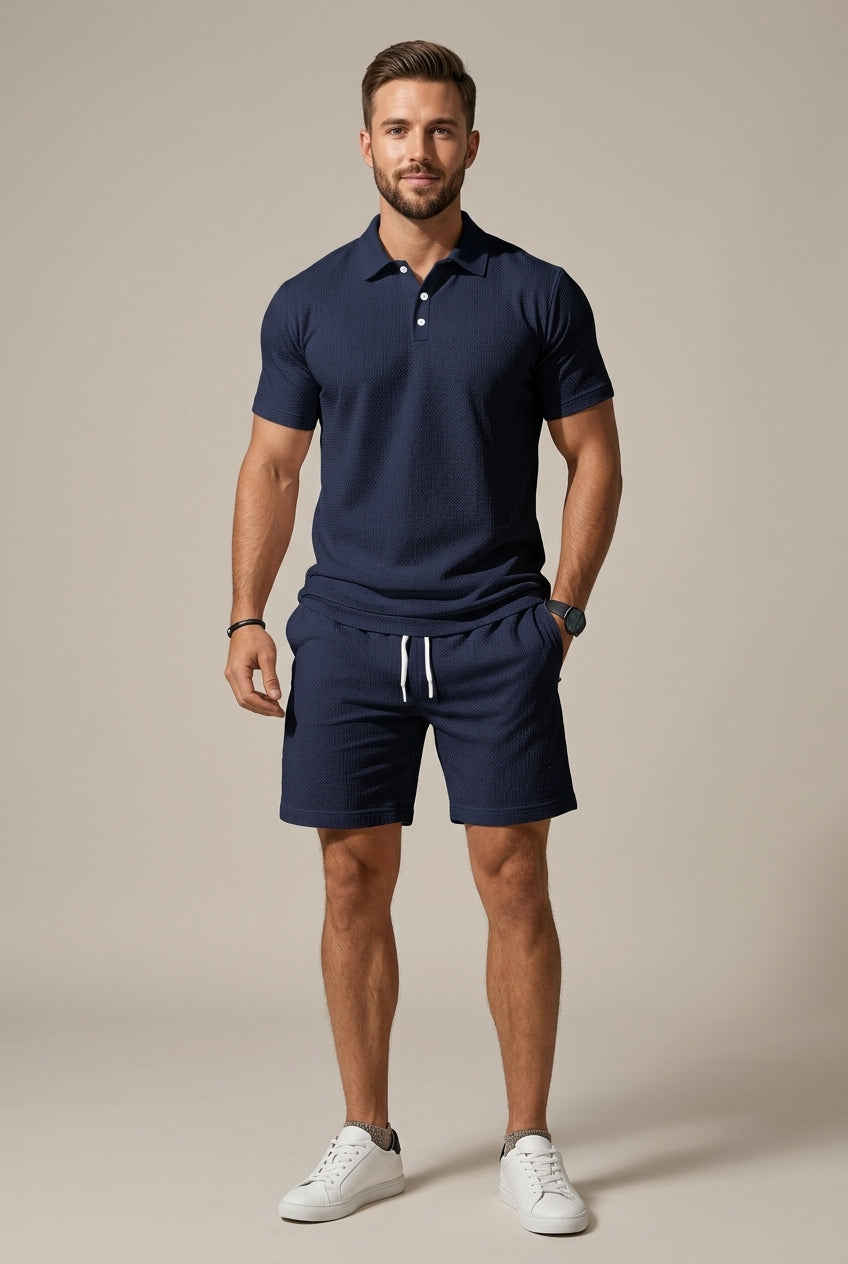 Men's Textured Two-Piece Polo Shirt & Drawstring Shorts Set
