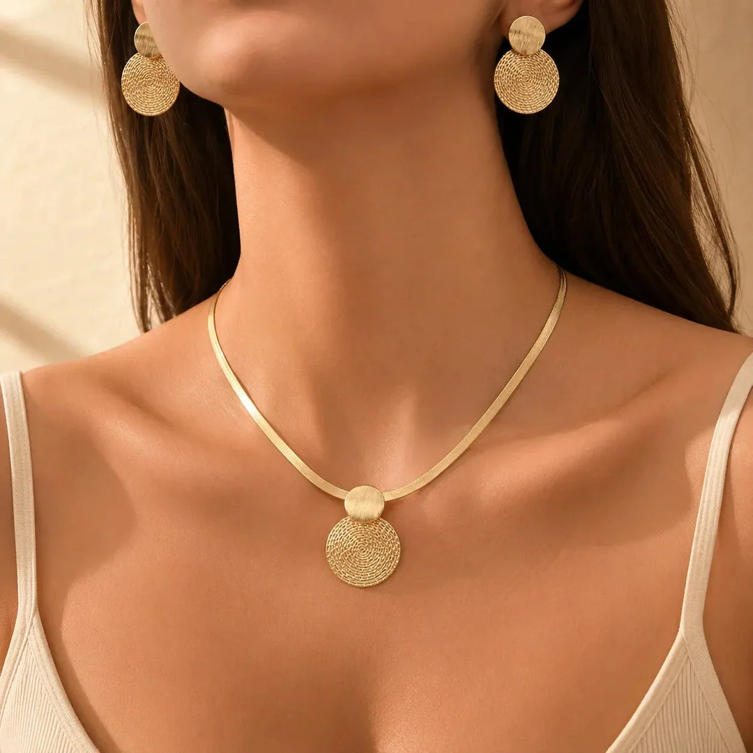 Aurenza Gold necklace and earring set, textured medallion, flat snake chain - Elena Harper