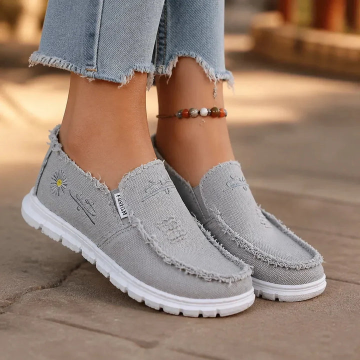 Breeza Women's Distressed Canvas Slip-On Loafers with Frayed Edges - Elena Harper