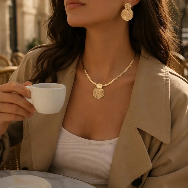 Aurenza Gold necklace and earring set, textured medallion, flat snake chain - Elena Harper