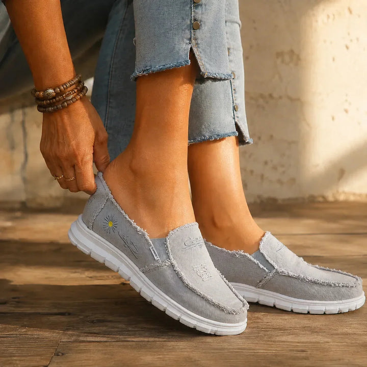 Breeza Women's Distressed Canvas Slip-On Loafers with Frayed Edges - Elena Harper