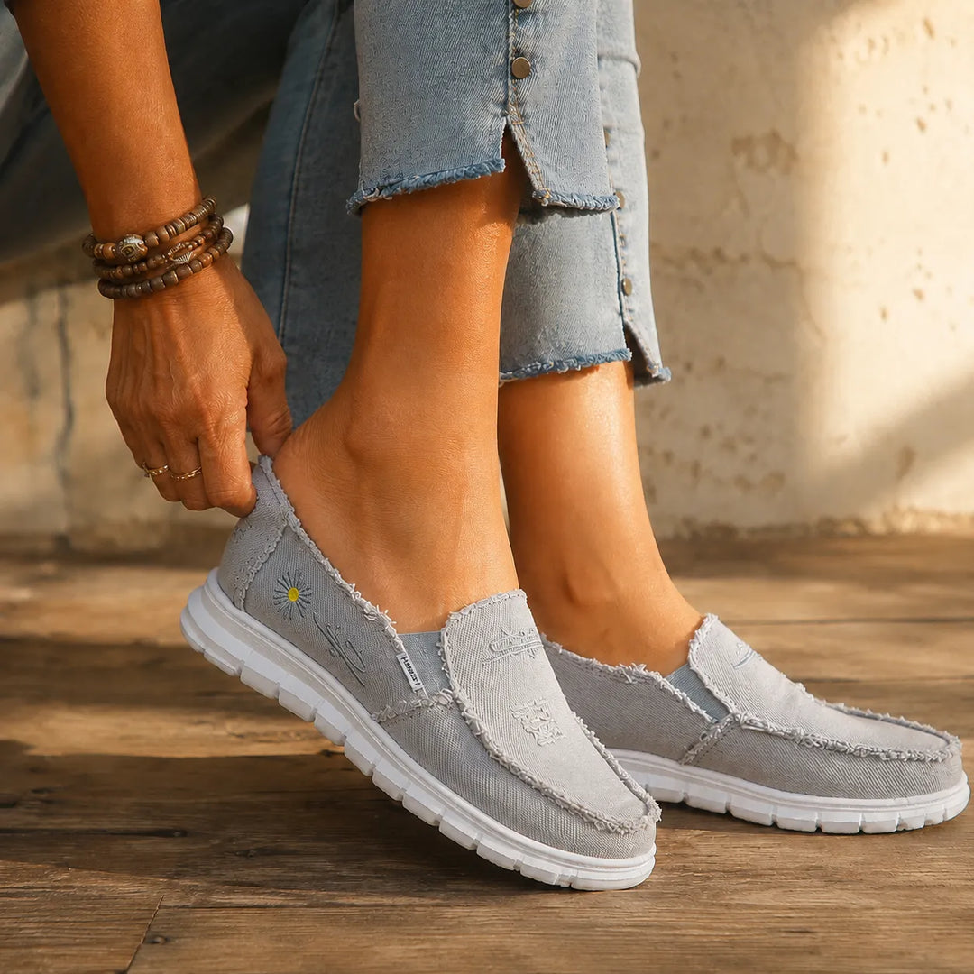 Breeza Women's Distressed Canvas Slip-On Loafers with Frayed Edges - Elena Harper
