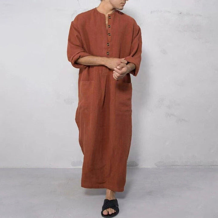 Moritz | Men's Linen Tunic Kaftan Floor-Length Loose Fit Stand-Up Collar Button Placket