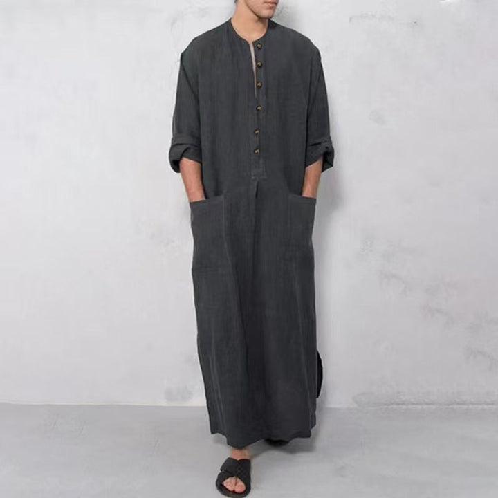 Moritz | Men's Linen Tunic Kaftan Floor-Length Loose Fit Stand-Up Collar Button Placket