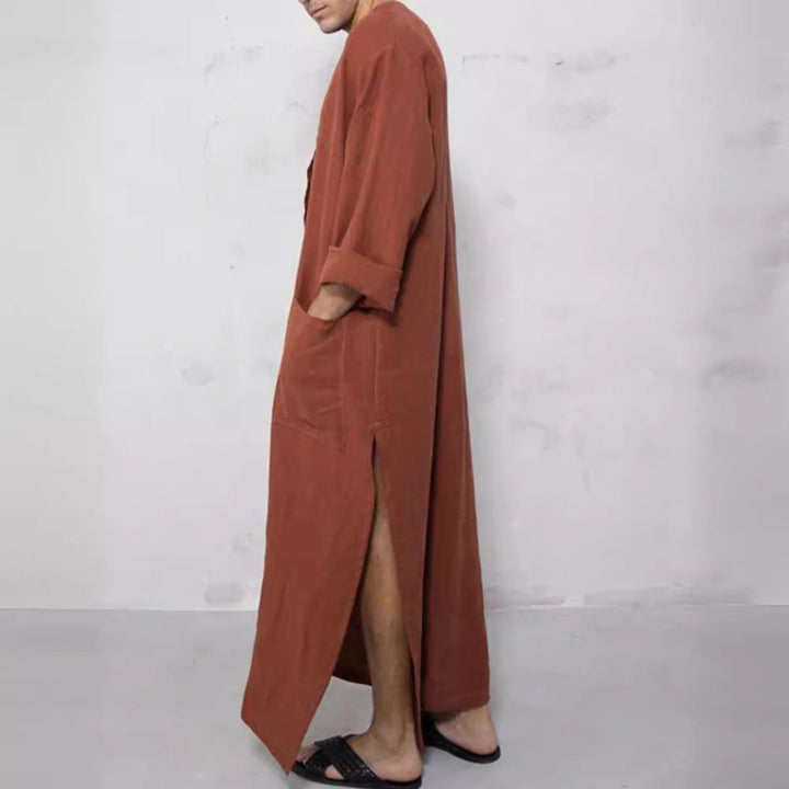 Moritz | Men's Linen Tunic Kaftan Floor-Length Loose Fit Stand-Up Collar Button Placket