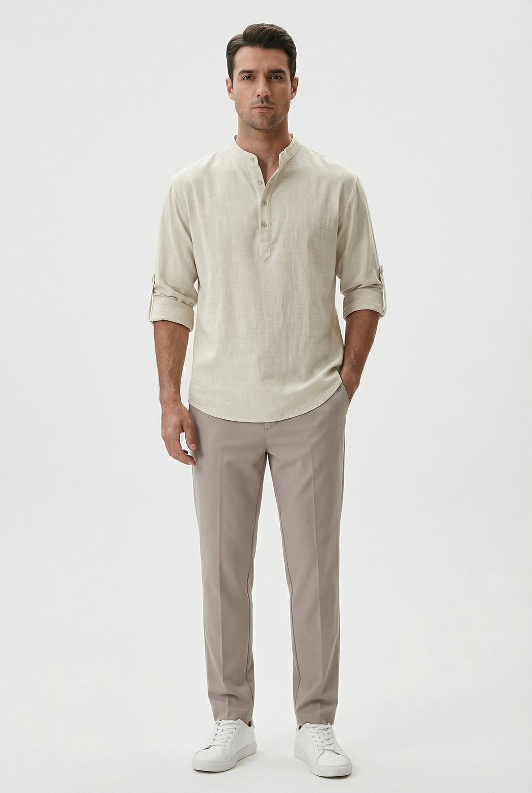 Men's Summer Linen Shirt – Breathable Rolled Sleeves