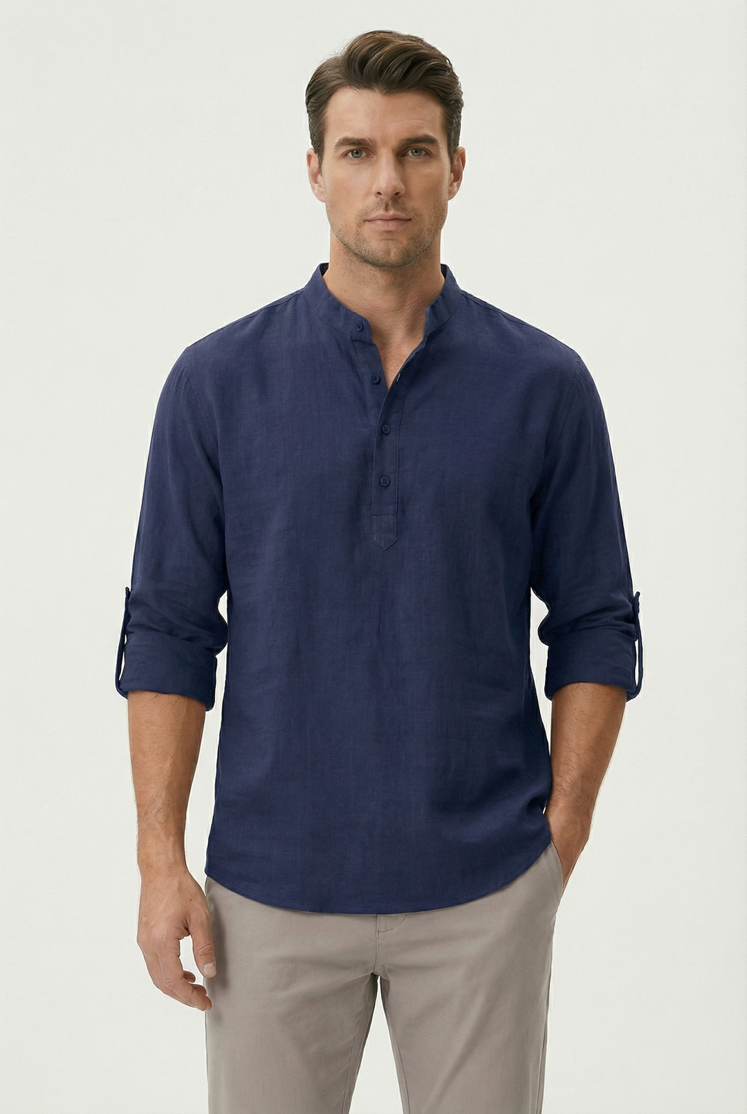 Men's Summer Linen Shirt – Breathable Rolled Sleeves