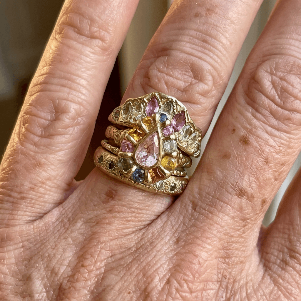 Cocktail Colorful Stones Forged Gold Ring - Elena Harper