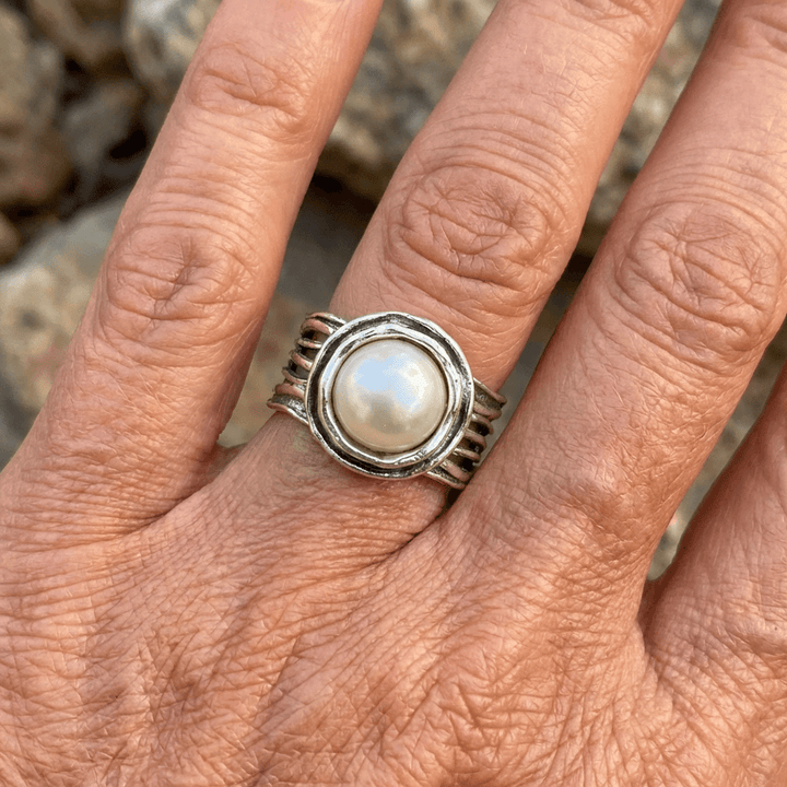Bohemian Style Vintage Silver Plated Faux Pearl Ring - Elena Harper