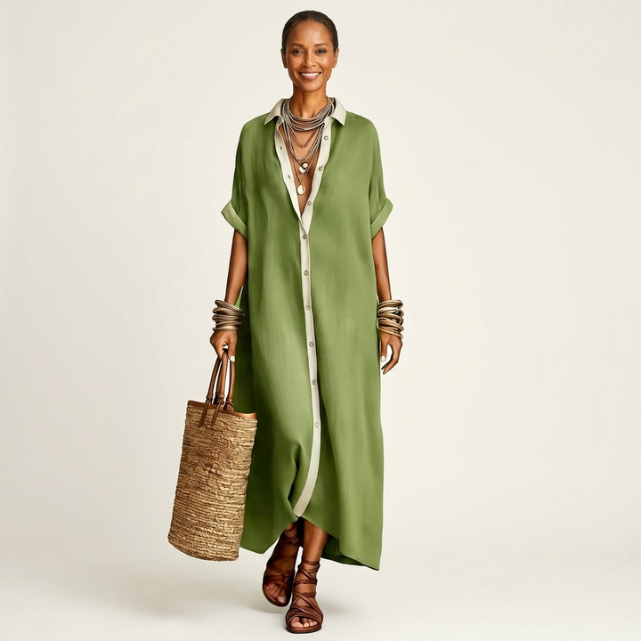 Women's Elegant Maxi Shirt Dress with Contrast Collar