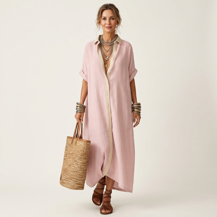 Women's Elegant Maxi Shirt Dress with Contrast Collar