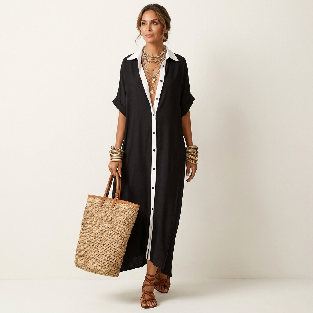 Women's Elegant Maxi Shirt Dress with Contrast Collar