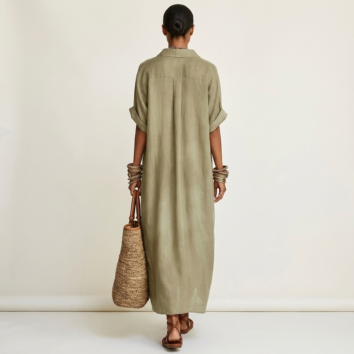 Women's Elegant Maxi Shirt Dress with Contrast Collar