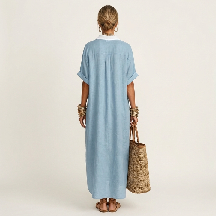 Women's Elegant Maxi Shirt Dress with Contrast Collar
