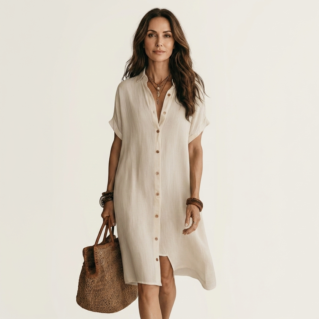 Women's Effortless Midi Shirt Dress with Rolled Cuffs - Comfort & Style
