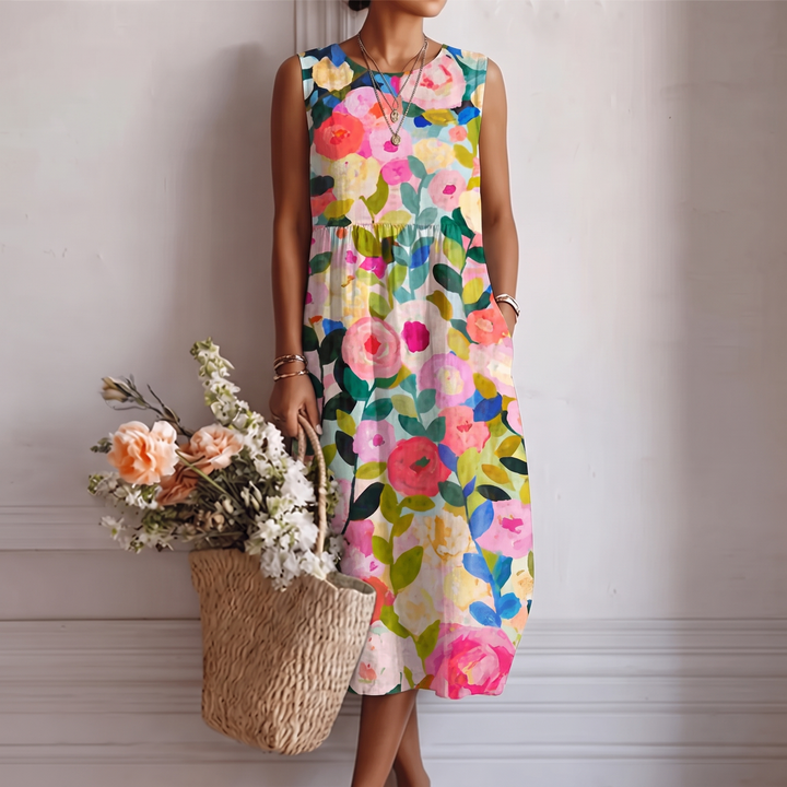 Women's Floral Midi Dress Without Sleeves in Cotton Viscose