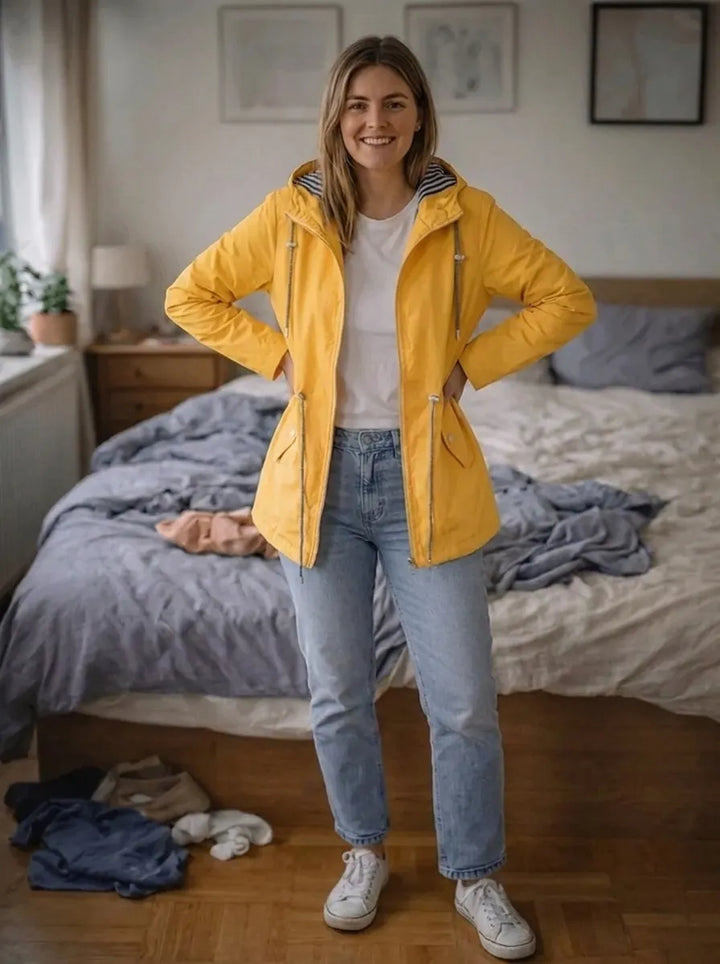 Women's Rain Jacket with Long Sleeves, Hood, and Pockets