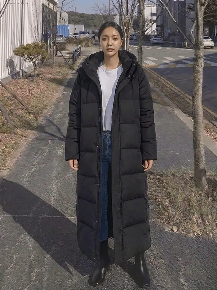 Women's Padded Longline Coat with High Stand Collar and Quilted Seams