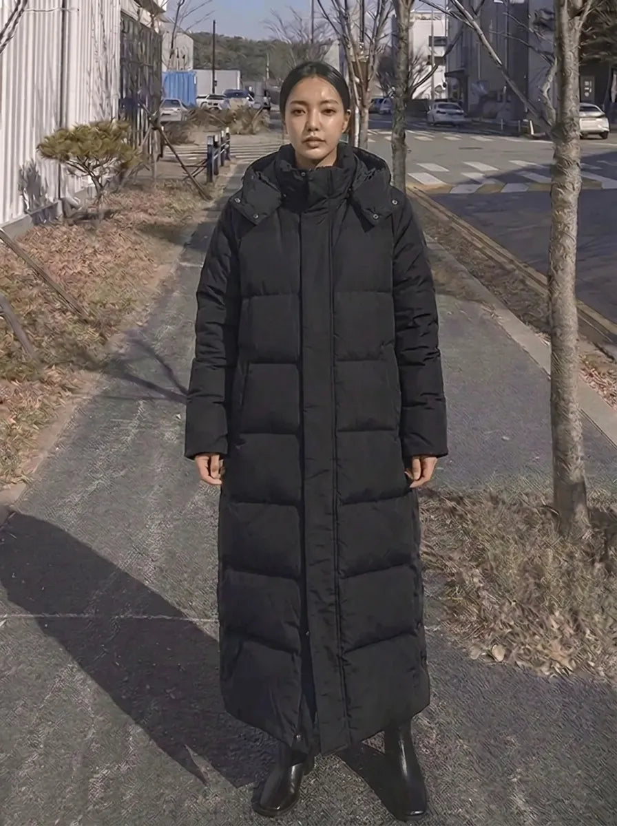 Women's Padded Longline Coat with High Stand Collar and Quilted Seams