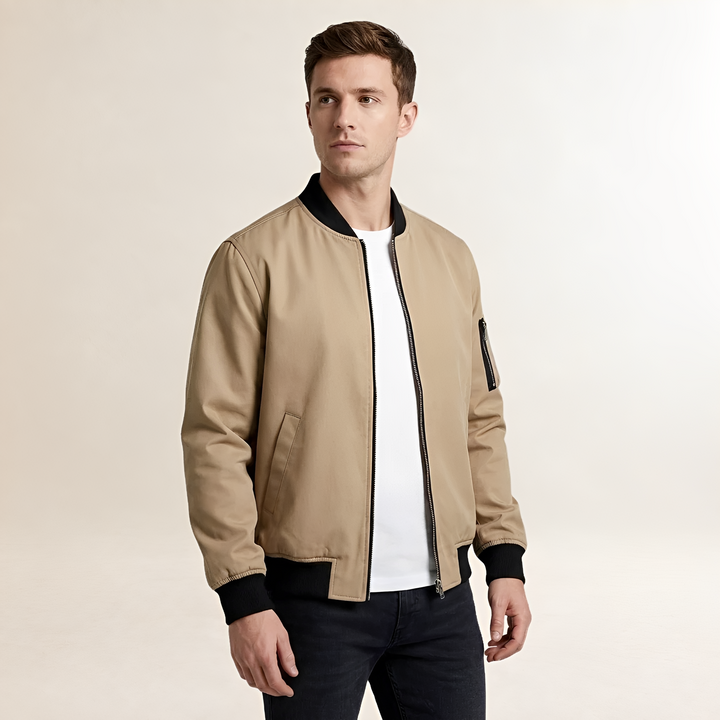 Slim Fit Bomber Jacket for Men with Zipper and Sleeve Pocket - Elena Harper