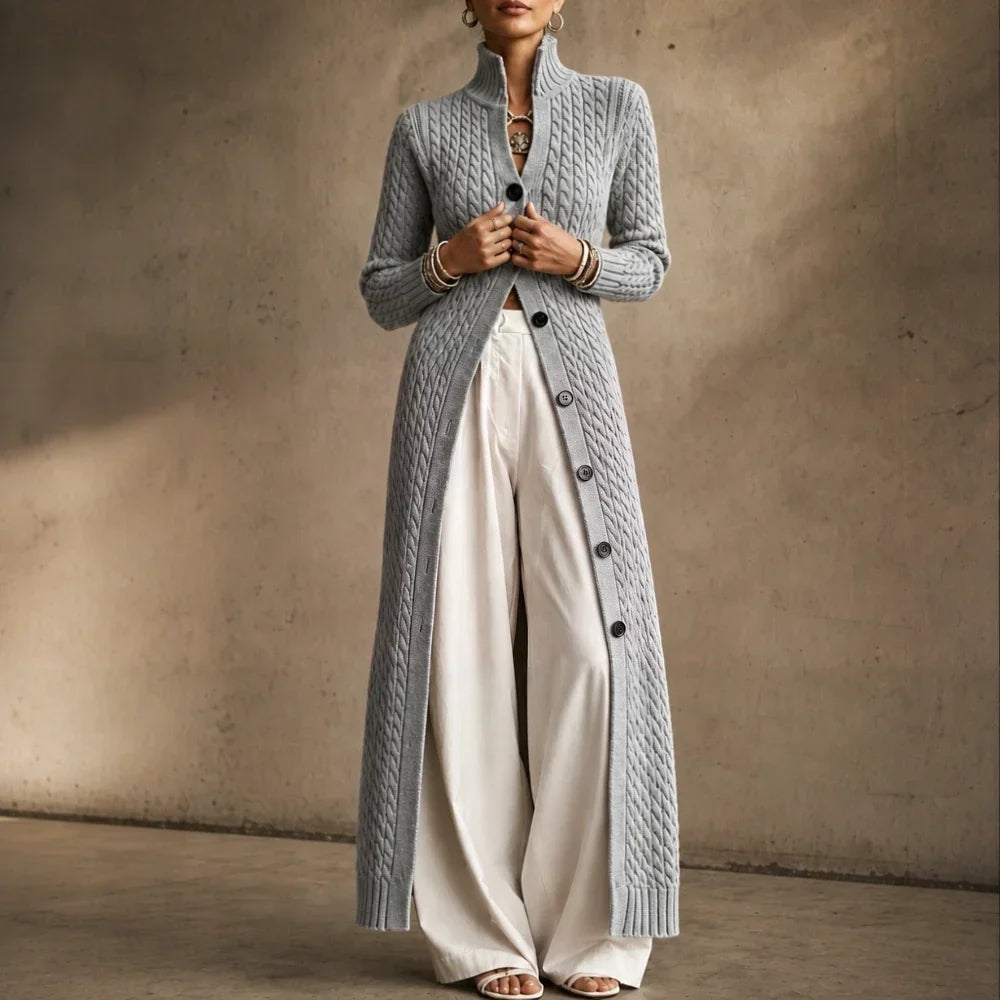 Cablemere High Collar Cable-Knit Duster Cardigan - Elena Harper