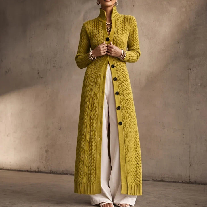 Cablemere High Collar Cable-Knit Duster Cardigan - Elena Harper