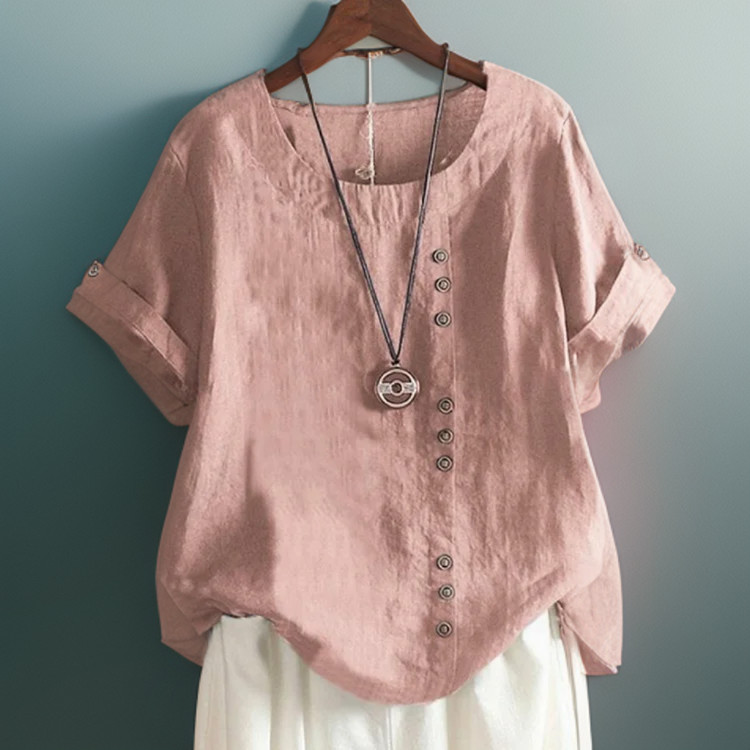 Joline┃T-shirt with Round Neck and Buttons