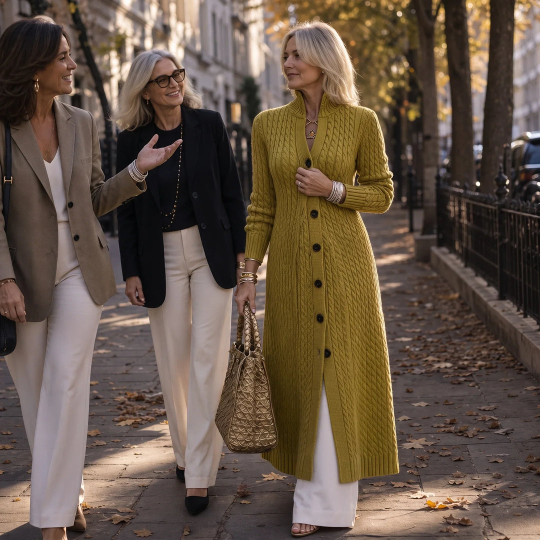 Cablemere High Collar Cable-Knit Duster Cardigan - Elena Harper