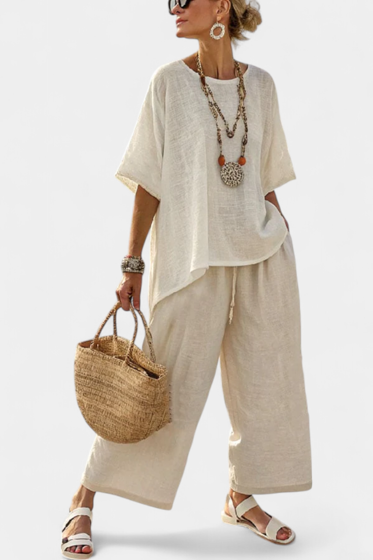 Drevon Comfortable Minimalist Raw Blouse & Wide-Leg Pants - Elena Harper