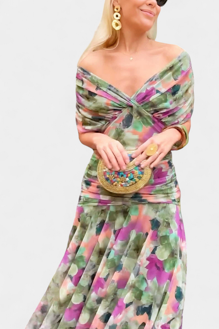 Florendra™ | Long Floral V Neck Dress