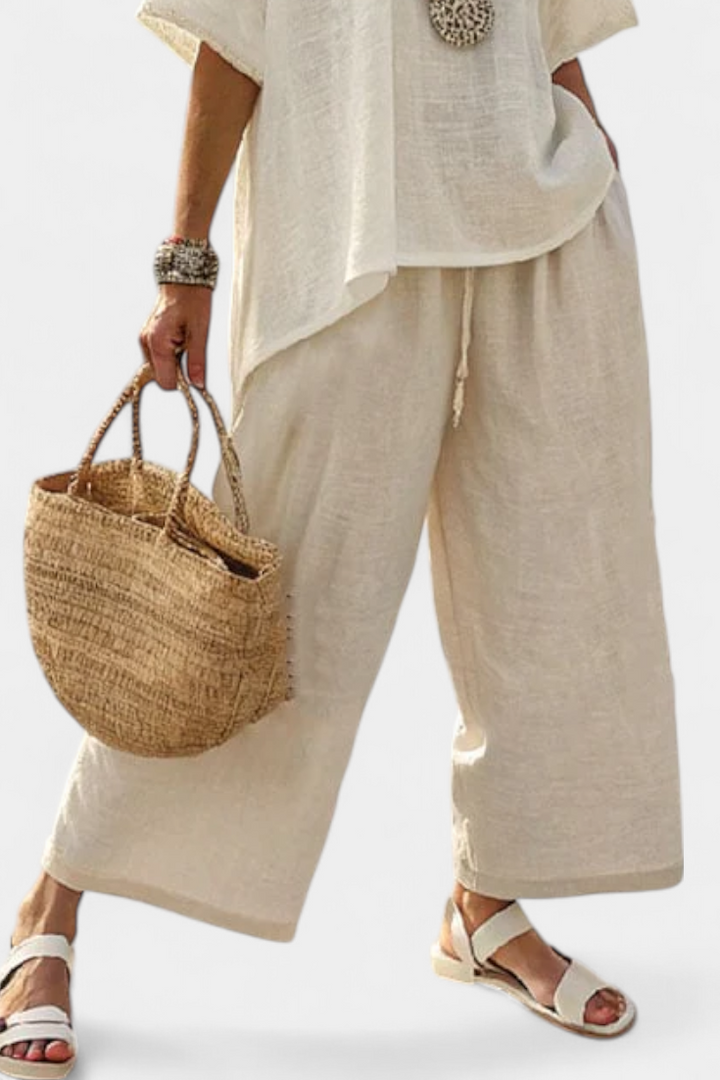 Drevon Comfortable Minimalist Raw Blouse & Wide-Leg Pants - Elena Harper