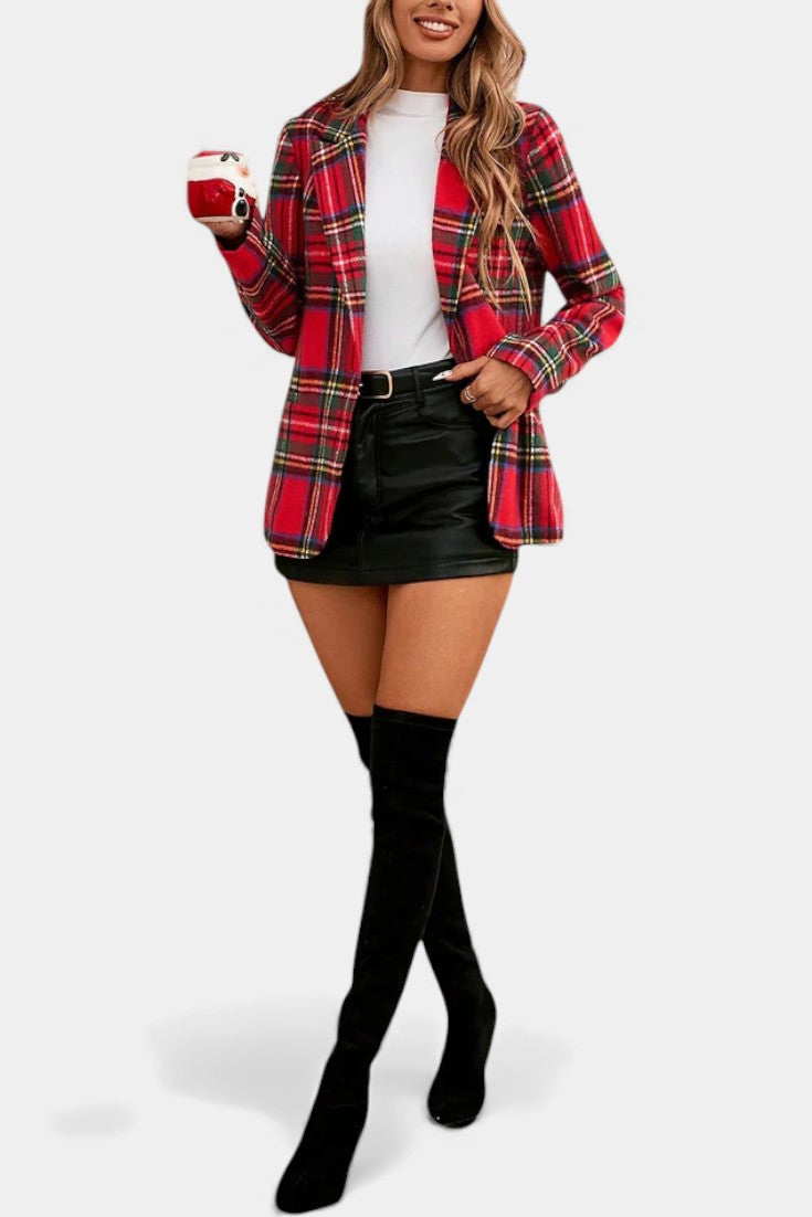 Clara | Women's Tailored Checkered Blazer in Deep Red Check