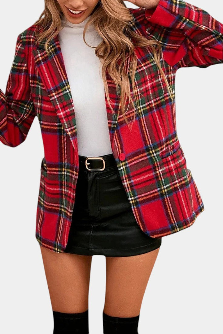 Clara | Women's Tailored Checkered Blazer in Deep Red Check