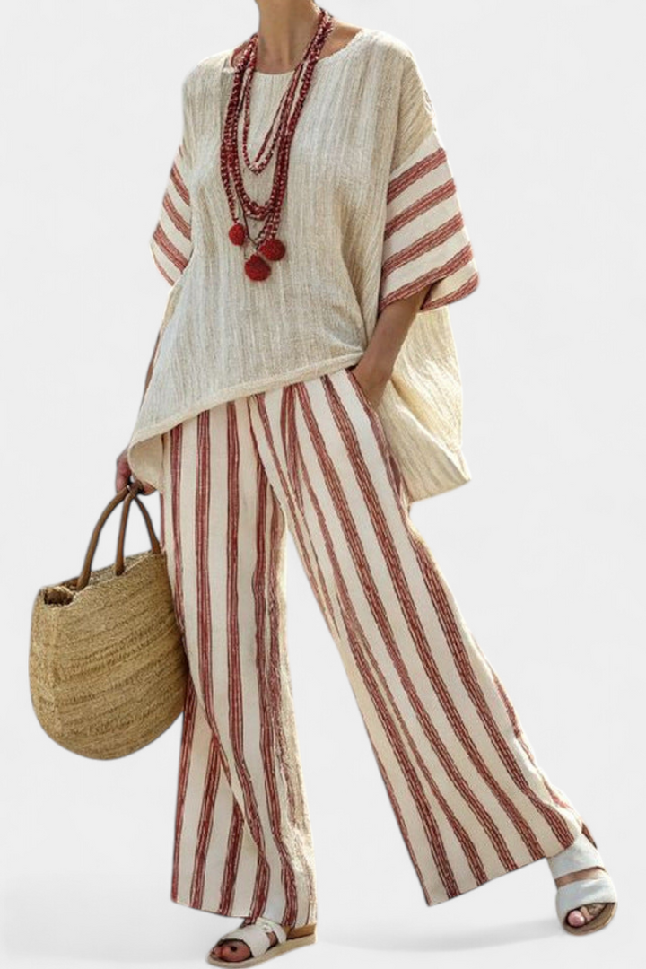 Braelith | Elegant Rustic Striped Top & Cream Linen Pants