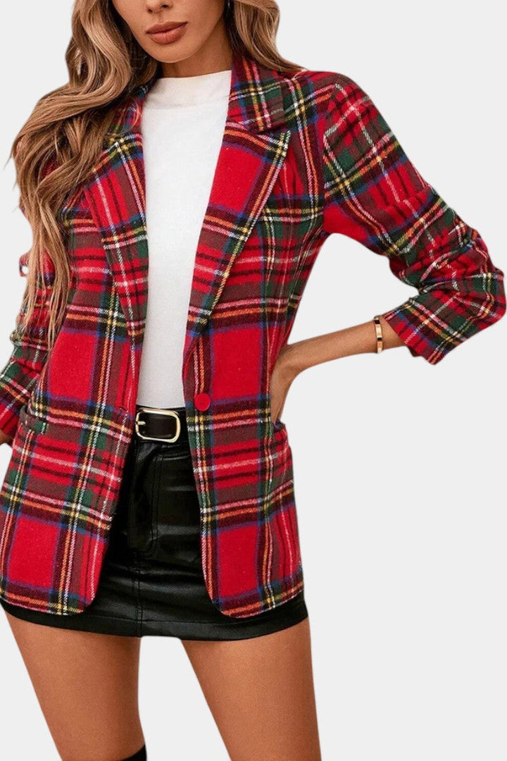 Clara | Women's Tailored Checkered Blazer in Deep Red Check