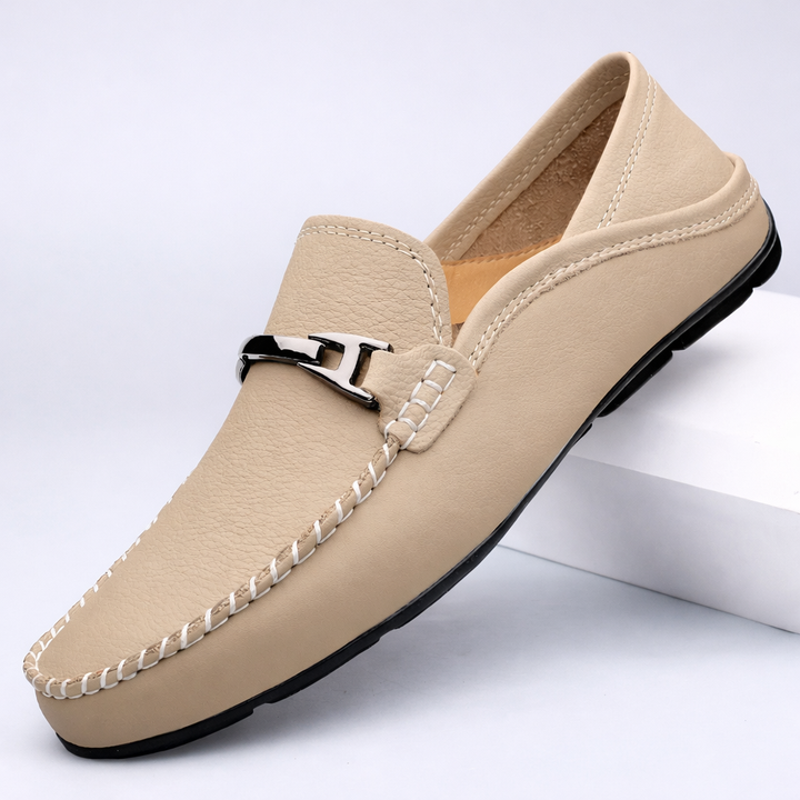 Men's Leather Loafers with Metal Buckle - Moccasin Slip-On
