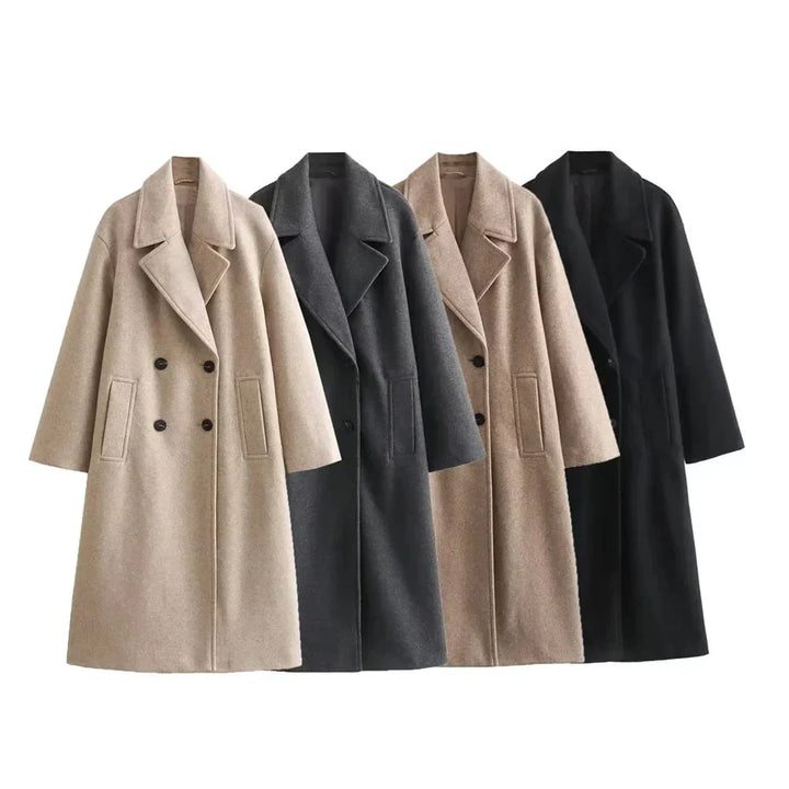 Ladies Long Coat Double-Breasted with Notch Lapels