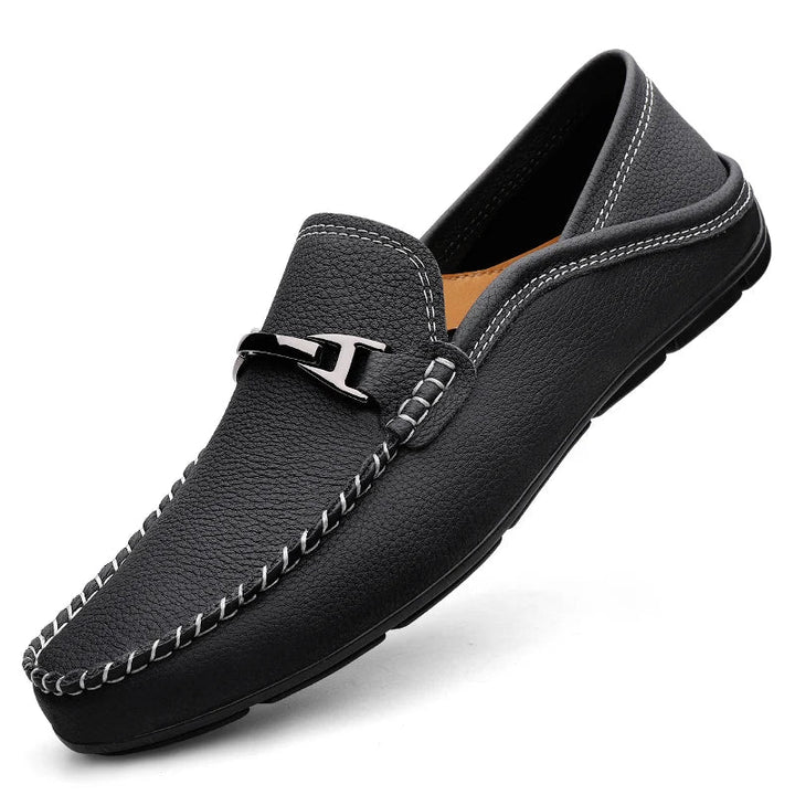 Men's Leather Loafers with Metal Buckle - Moccasin Slip-On