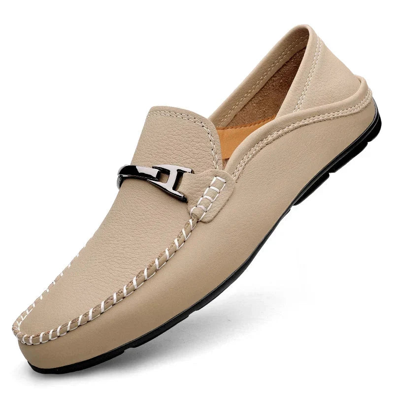 Men's Leather Loafers with Metal Buckle - Moccasin Slip-On